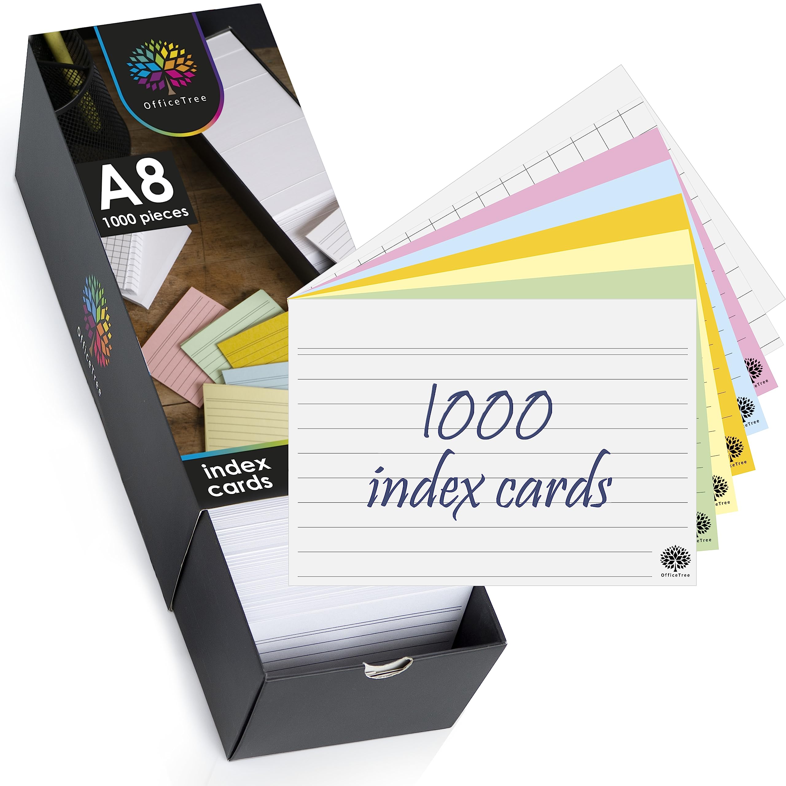 OfficeTree 1000 x Flash Cards A8 Lined, Squared, Blank and Colourful - Revision Cards - Index Cards - Revision Flash Cards for Writing On for Students - Flashcards