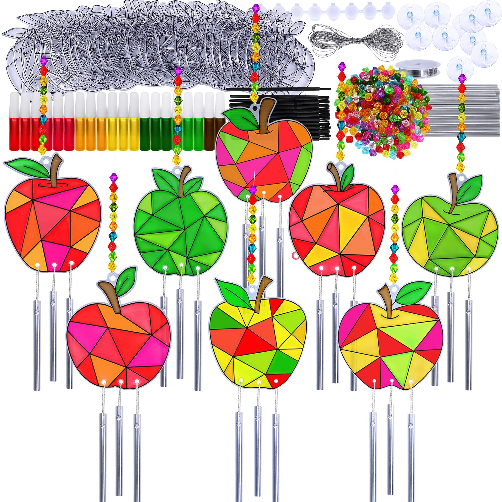 Photo 1 of Winlyn 24 Sets Apple Suncatchers Wind Chimes Ornaments Decorations DIY Window Paint Art Sun Catchers Rainbow Apple Painting Craft Kits for Kids Summer Camping Party Classroom Activities Art Project