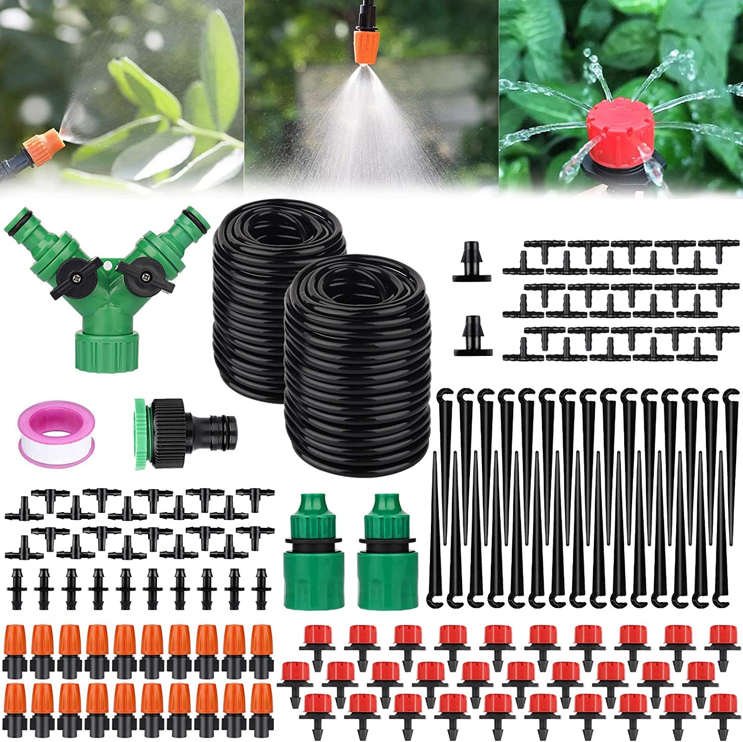 Villageboom Drip Irrigation Kit Garden Irrigation System Micro Drip Irrigation Kit Automatic Irrigation Drip Irrigation Kit Garden Watering Patio Plants (25 m Hose)