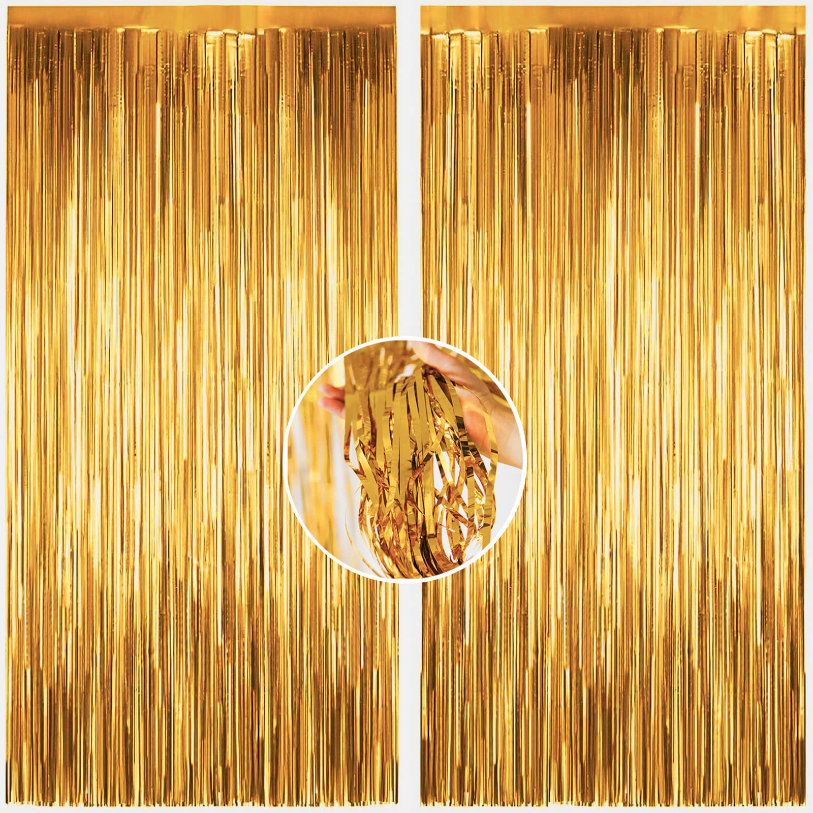 2Pcs 1m*2m Gold Metallic Tinsel Curtains Party Backdrop Curtain Shimmer Curtain,Foil Fringe Curtain Decorations Backdrop Hanging Streamer for Halloween Xmas Birthday Wedding Engagement Prom Décor