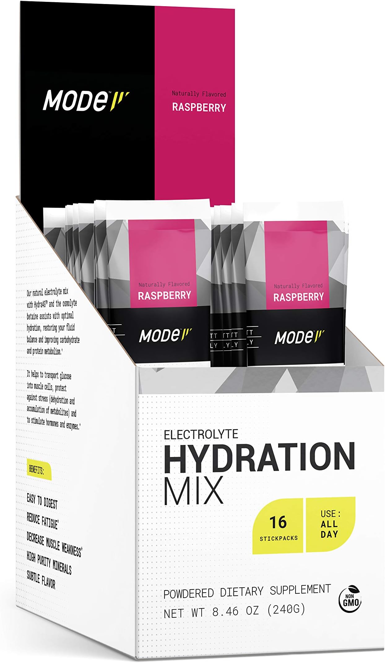 ATAQ All-Natural Electrolyte Hydration Mix, Raspberry, Hydra 4G Mineral Blend, Betaine to Aid Metabolism, No Artificial Sweeteners, Gluten-Free, Single Serving Packet, 16 Count