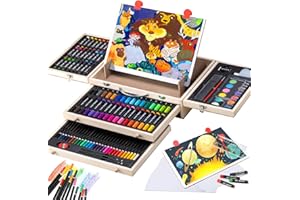 POPYOLA Art Supplies, Deluxe Kids Art Set with Drawing Easel, Crafts Kit in Portable Wooden Case, Oil Pastels, Colored Pencils, Watercolor Cakes, Sketch Paper, Creative Gift for Teens Beginners Girls Boys