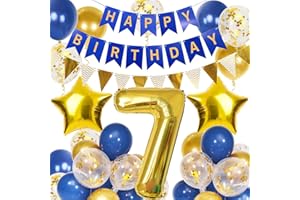 7th Birthday Decorations Boy Girl, Gold and Blue 7 Year Old Birthday Decorations with Happy Birthday Banner, Triangle Flags, 
