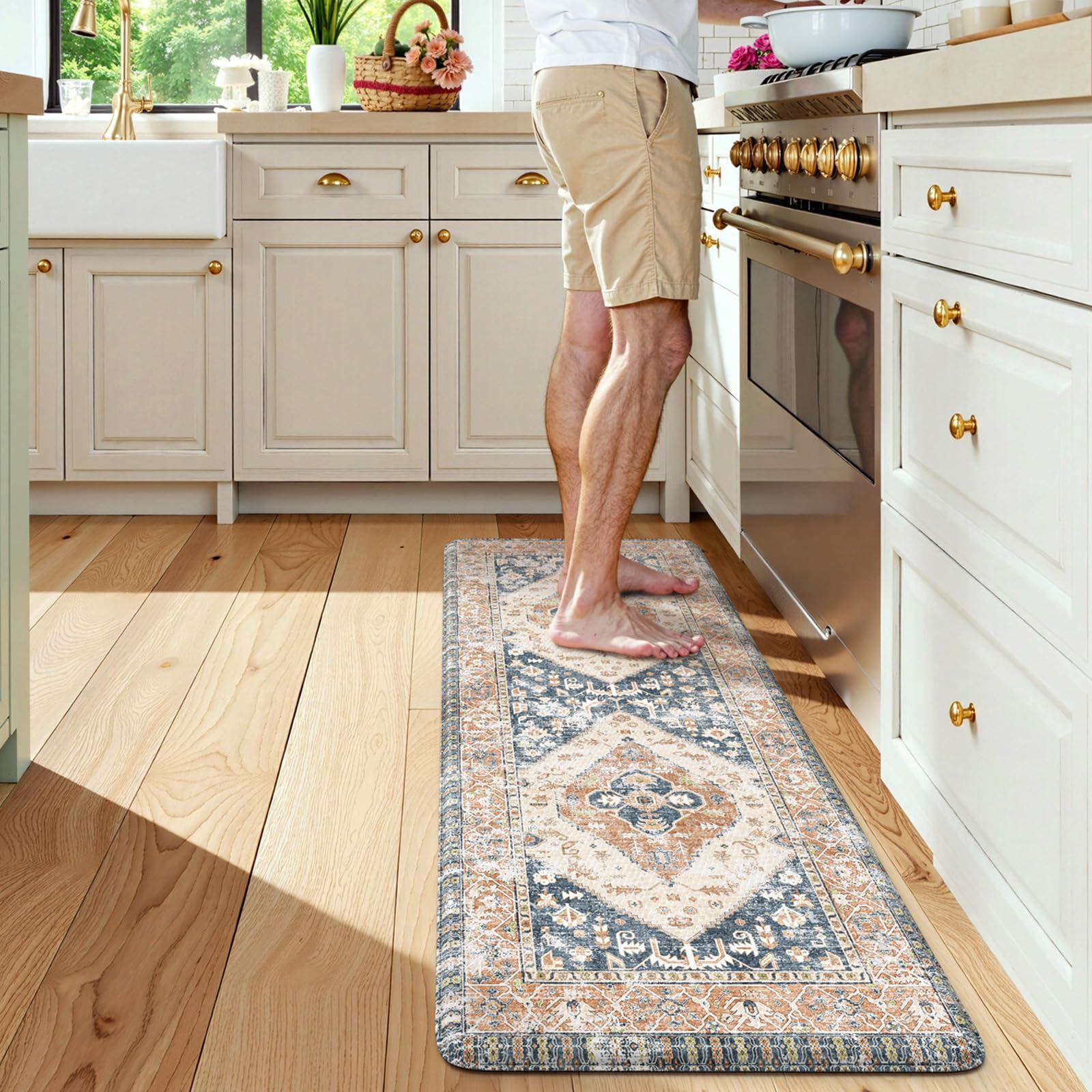 Photo 1 of KIMDOE Anti Fatigue Kitchen Mat Kitchen Rugs Non-Skid Waterproof Kitchen Runner Rug Foam Standing Mat for Kitchen Decor,Floors,Laundry,Blue and Gold