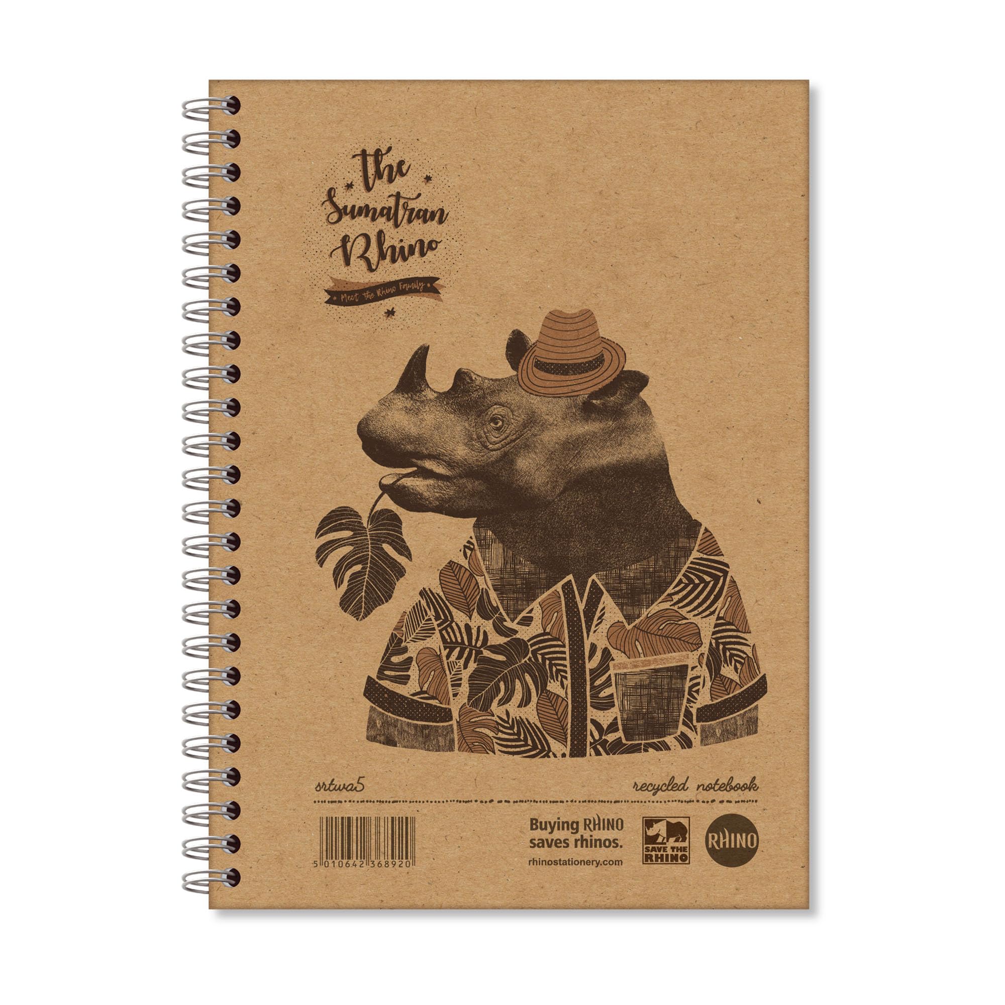 Rhino A5 Recycled Notebook, 160-Page / 8mm Lined Writing Book, 1-Pack, Hardback & Wirebound Spiral Pad, School & Office Stationery Supplies