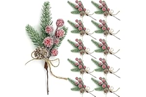 BLESKY Red Berry Stems Floral Pine Branches Christmas Artificial Pine Cones Branch Evergreen Christmas Berries Décor 10PCS Holiday Floral Picks Holly Stem for Xmas Wreath DIY Garland Crafts Decoration