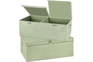 Valease 2 Pack Storage Boxes with Lids and Handles, Collapsible Linen Storage Bins Organizer Containers Baskets Cube with Removable Divider for Home Bedroom Closet Office (Green, Small)