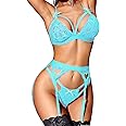 RSLOVE Women Lingerie Sets with Garter Belt 3 Piece Lace Teddy Babydoll Bodysuit