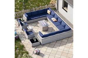 SWEECCI 18-Piece Patio Furniture Set, Outdoor Patio Furniture with 55,000 BTU Fire Pit Table, Swivel Chairs Set, Thick Cushions, Modular Patio Sofa, Dual-Strand Wicker Rattan, Rust-Resistant Frame,Navy Blue