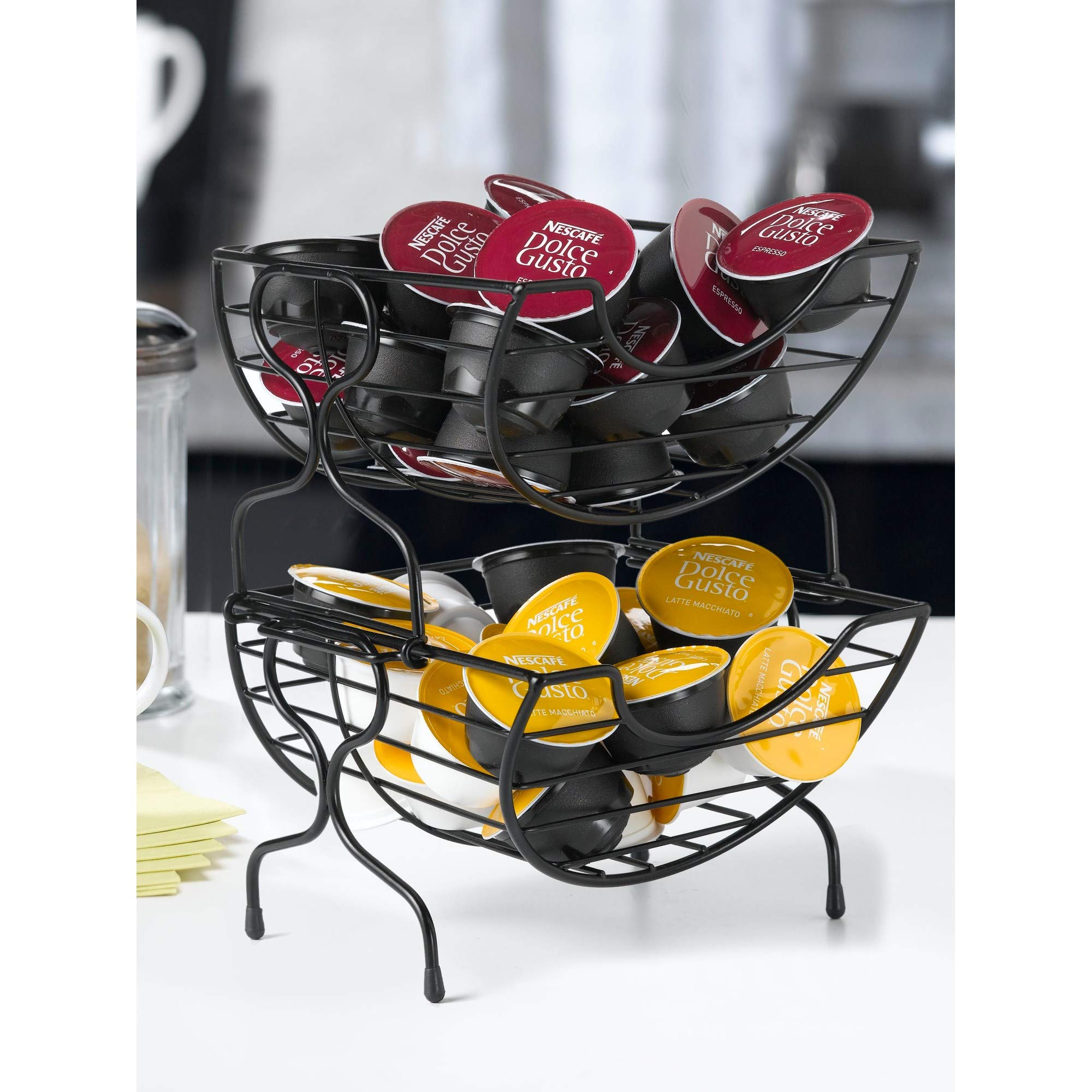 Nifty Single-Serve Wire Coffee Basket – Stacked Two-Tier Coffee Pod Storage Holder, Compatible with K-Cups, Home or Office Kitchen Counter Organizer, Modern Black Design