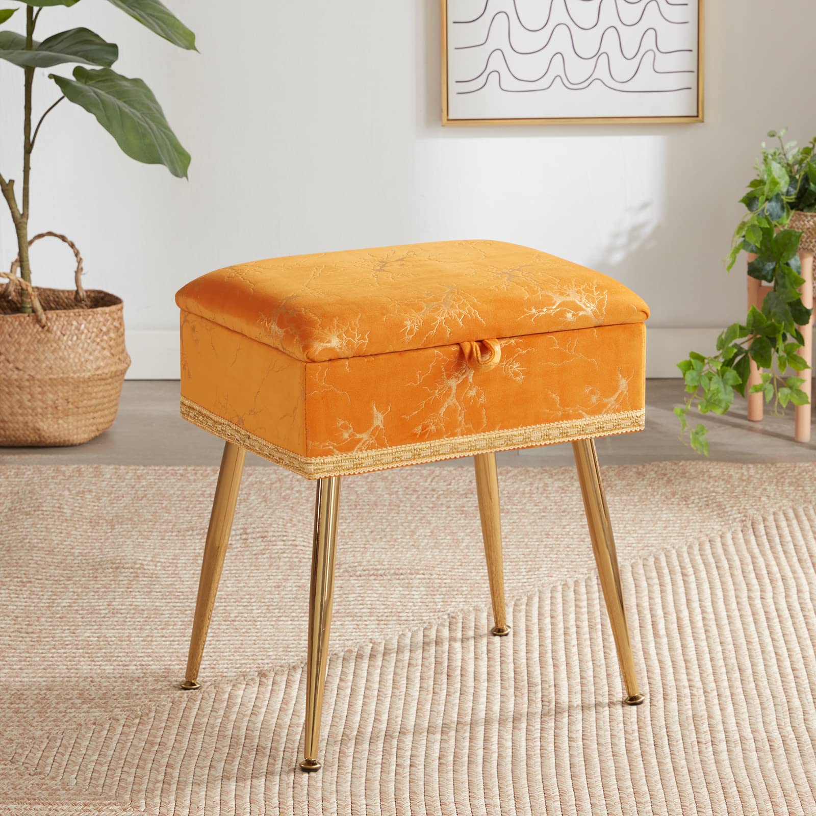 Photo 1 of Soohow Vanity Chair Storage Vanity Stool Ottoman Foot Rest, Makeup Vanity Stool with Gold Hot Stamping, Vanity Chair for Makeup Room, Foot Stool for Living Room, Bedroom, Storage Ottoman?Metal Legs