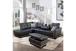 EMKK Faux Leather L-Shaped Sectional Sofa with Storage Ottoman, Nailhead Rivet Hemming Upholstered Modular Couch w/Reversible Cup Holder, for Living Room Apartment and Office, 1, BlackOttoman