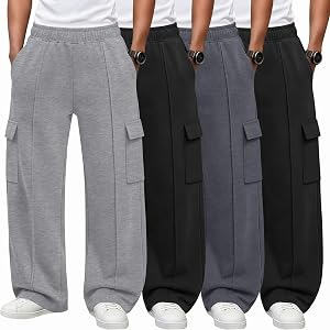 Yooo's Vivi 4 Pack Boys' Baggy Cargo Sweatpants | Wide Leg, Open Bottom, Pants, Drawstring, Athletic, Joggers, Pockets, Stret