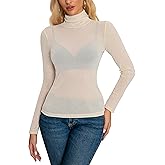 AISEW Womens Mesh Sheer Long Sleeve Glitter Tops Sexy See Through Sparkly Shirts Turtleneck Layering Top Shirt