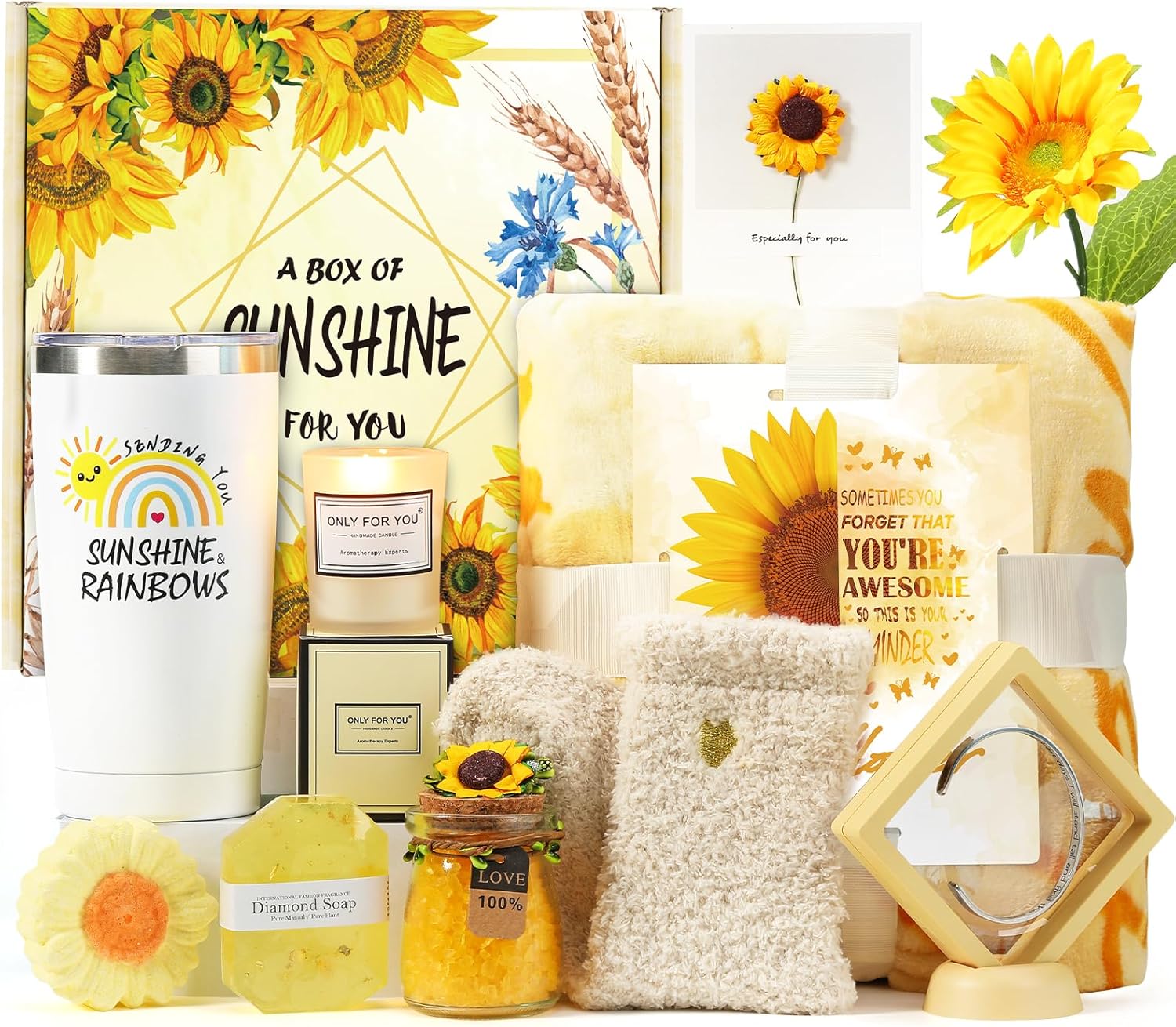 Candles & Holders - Sending Sunshine Gift, 11 Pcs Sunflower Gifts for Women, Care Package, Get Well Soon Gifts Basket Unique Birthday Gifts Box with Inspirational Blanket Candle for Thinking of You Her Sister Best Friend
