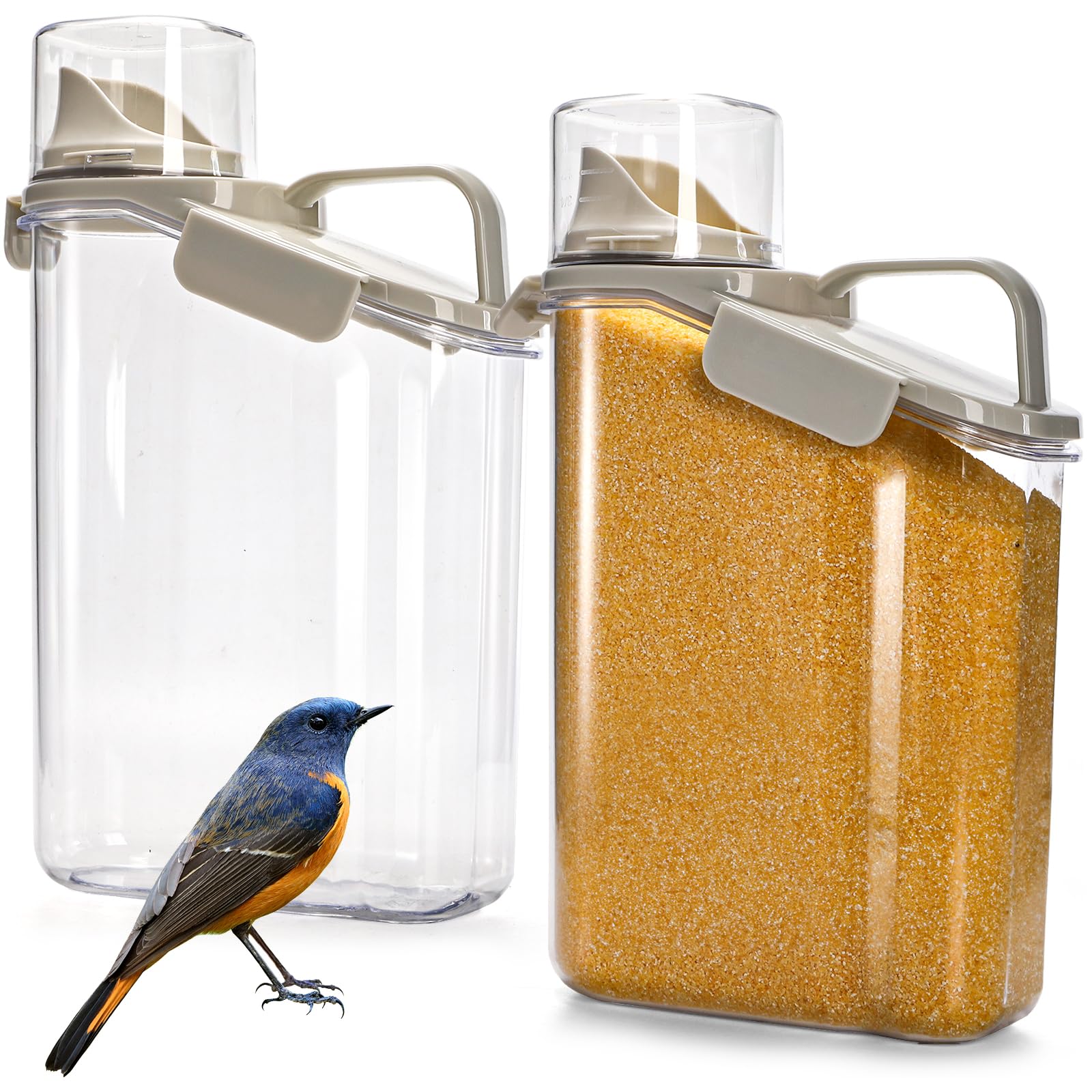 Photo 1 of **MINOR DAMAGE/check clerk comments**
DEAYOU 2 Pack Bird Seed Storage Container, 3 Qt/2.8 L Airtight Cereal Storage Bin with Pour Spout and Measuring Cup, BPA Free Plastic Water Pitcher with Handle for Rice, Grain, Flour, Pet Food