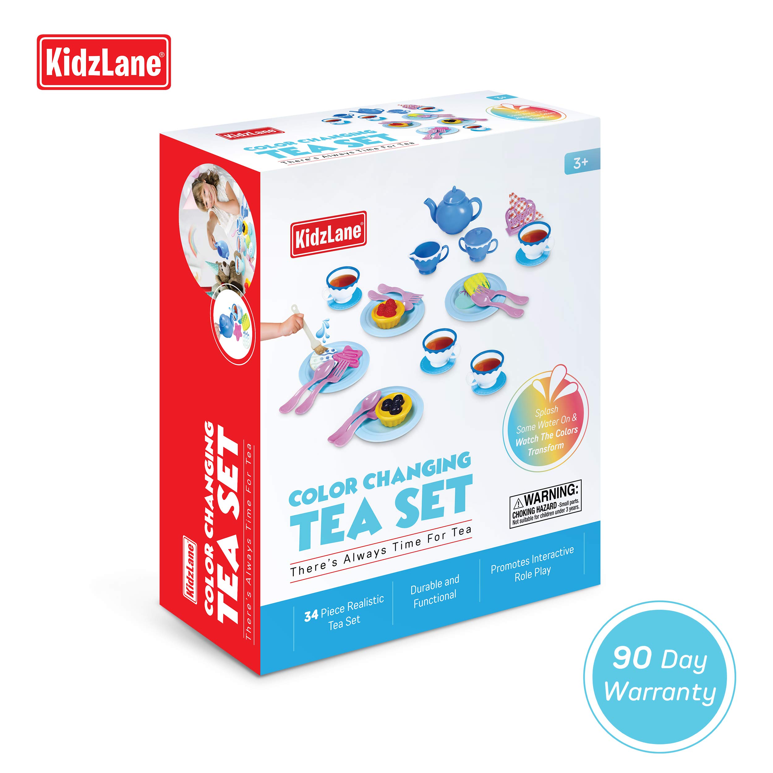 Kidzlane Play Tea Set for Little Girls - Kids Party With Water Activated Color Changing Cups and Cookies - 34 Piece Toy for Girls - Dishwasher Safe Plastic