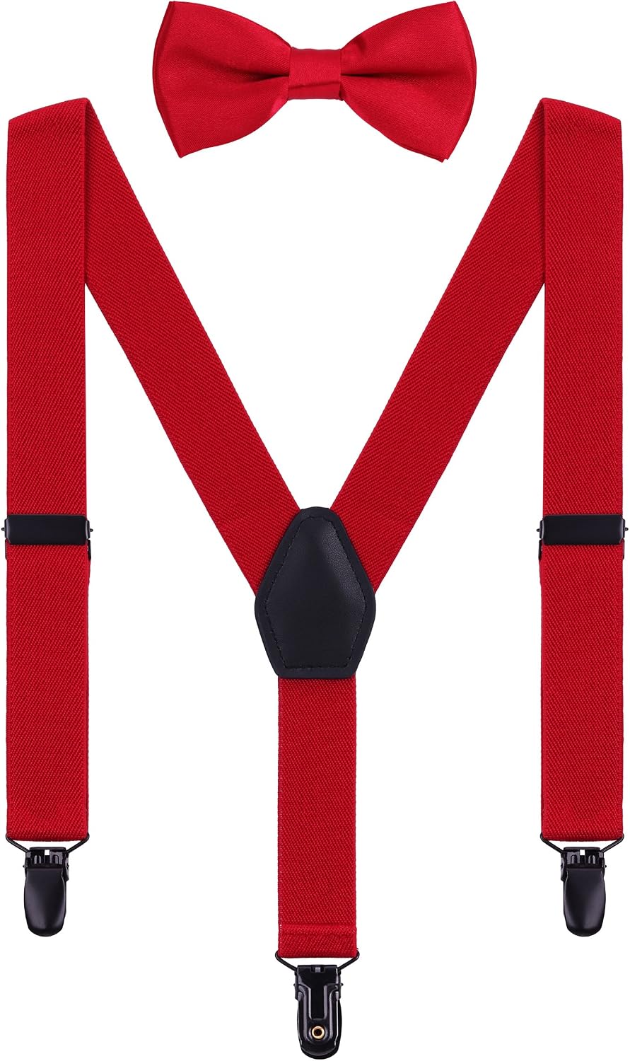 WANYING Baby Kids Braces Bow Tie Set for 1-5 Years Boys Girls 3 Black Clips Y-Back 2.5cm Elastic Suspenders for Children Toddler - Red