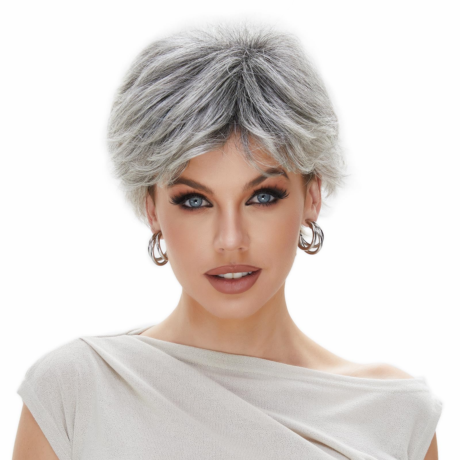 STfantasy Short Ombre Grey Pixie Cut Wig With Bangs for Women Natural Layered Hairstyles Womens Wigs Synthetic Hair Wig for Women Ladies Daily Used Costume Pixie Wigs