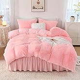 Litanika Fluffy Pink Comforter King Size, Luxury Shaggy Faux Fur Bedding Cute for Women Girls, Ultra Soft Velvet Plush Bed Set King 3 Pieces(1 Fuzzy Comforter 104×90 Inch, 2 Pillowcases)