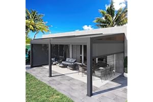 MELLCOM Louvered Pergola with Screen 12x20, Wall-Mounted Adjustable Pergola, Lean to Aluminum Gazebo with 4 Pull-Down Screen Sides and Adjustable Roof for Backyard, Dark Gray