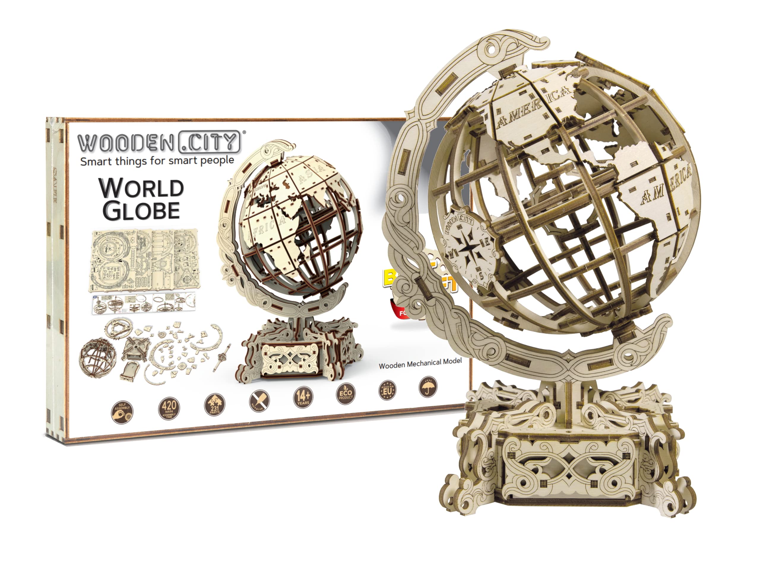 WOODEN.CITY 3D Puzzles – Wooden Model Kits for Adults, Hand-Painting DIY World Globe with Hidden Compartment, Difficulty Level 4/5, Assembly Time 7H, Wooden Puzzles for Adults, Made in EU