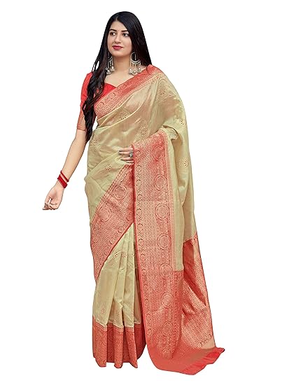 Beige Banarasi Silk Saree With Blouse Peice