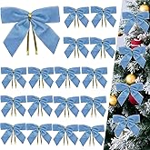 GHAMYEE 24Pcs Light Blue Velvet Christmas Tree Bows Ornaments Vintage Velvet Ribbon Bows for Tree Garland Wreath Indoor Outdoor Christmas Decor Xmas Decorations 1" Wide, 3.5 * 3.5 inch