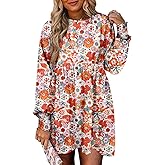 Dokotoo Casual Dresses for Women Flowy Boho Floral Long Sleeve Empire Waist Babydoll Mini Dress