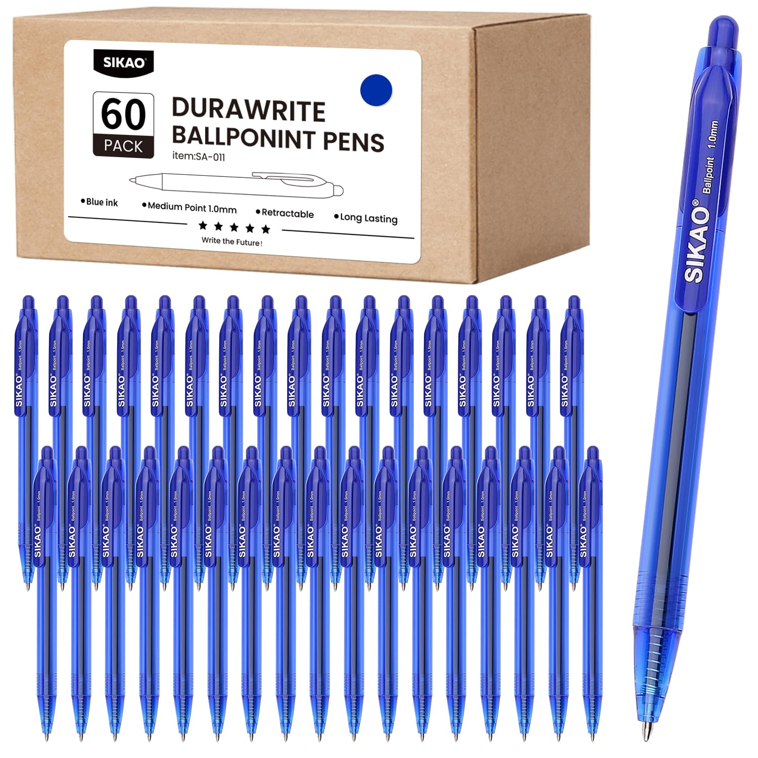 Sikao Blue Pens Bluk | 60 Pack Durawrite Retractable Ballpoint Smooth Writing | Ball Point Click Pens Blue Ink 1.0mm with Clear & Vivid Lines for Servers School Office Supplies, Lapiceros