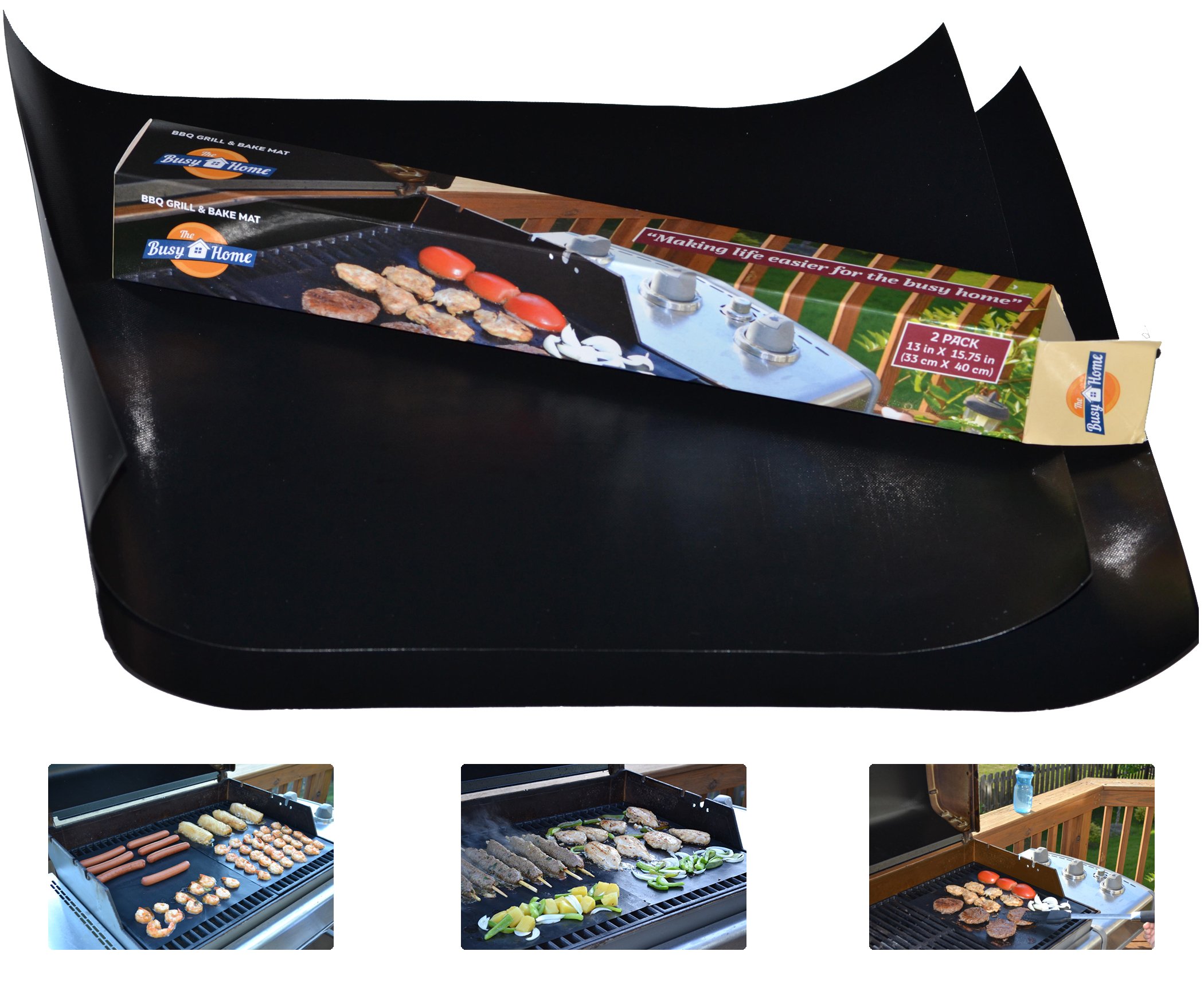 The Busy Home BBQ Grill Mat and Bake Mat with 2 Recipe eBooks - 13 by 15.75 inch in Black- Set of 2 Mats