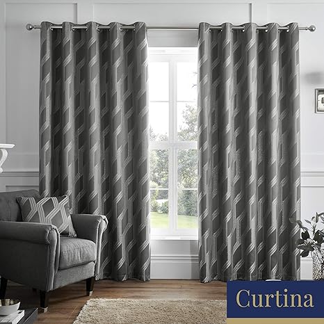 Curtina Houston Jacquard Lined Eyelet Charcoal Grey Curtains 46