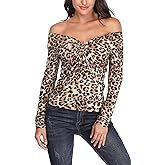 MISS MOLY Leopard Print Tops for Women V Neck Long Sleeve Off Shoulder Knot Chest Ruched Shirt Blouse Slim Sexy