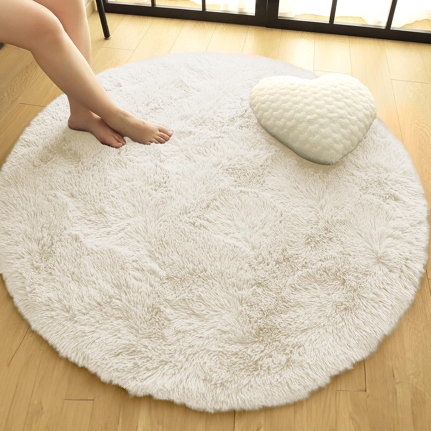 Oxford Homeware Round Rugs Living Room 120x120 cm – Fluffy Shaggy Cream Area Rugs for Bedroom, Lounge – Modern Super Soft Non Slip Rug Washable Floor Carpets Bedside Rug for Kid Room