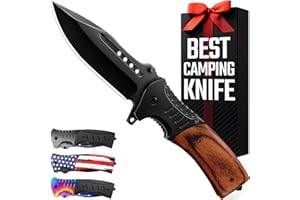 GRAND WAY Pocket Knife for Men with Wood Handle & Glass Breaker & Pocket Clip - 3.66" Sharp Blade - Tactical Self Defense Folding Knives for Men Women Hunting Camping Military Survival Hiking Work EDC 0207