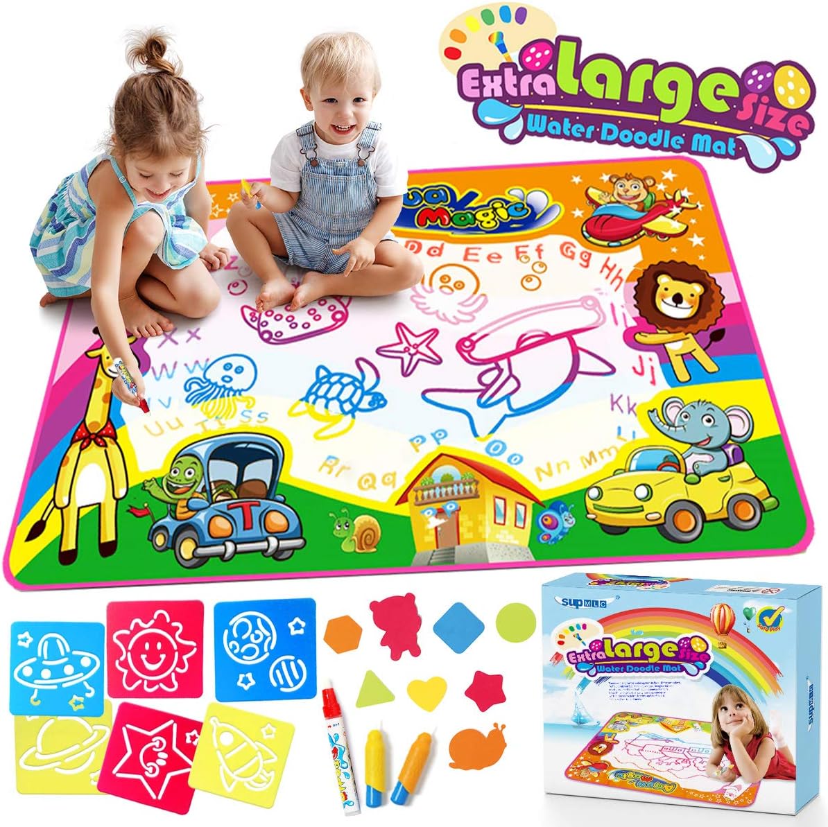SupMLC Aqua Magic Doodle Mat 34.5" X 22.5" Extra Large Water Drawing Doodling Mat Coloring Mat Educational Toys Gifts for Kids Toddlers Boys Girls Age 3 4 5 6 7 8 Year Old Mess Free Educational Toys