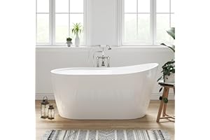 FerdY Lana'i 60" Freestanding Bathtub, Gracefully Shaped Freestanding Soaking tub, Glossy White, cUPC Certified, Brushed Nickel Drain & Overflow Assembly Included-02125