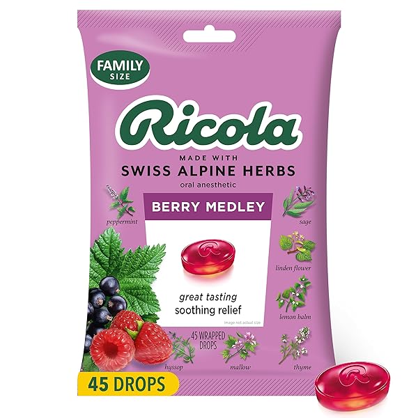 RICOLA BERRY MEDLEY THROAT DROPS, 45 COUNT, DELICIOUS THROAT RELIEF & CARE, ORAL ANESTHETIC, NATURALLY FLAVORED