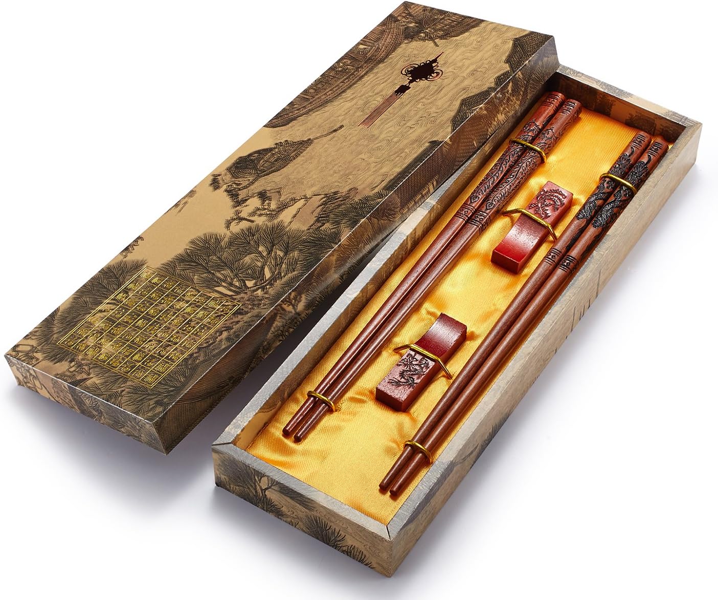 Chopsticks Reusable- Chinese Style, Wooden Dragon and Phoenix Chopsticks with Holder and Carrying Bag