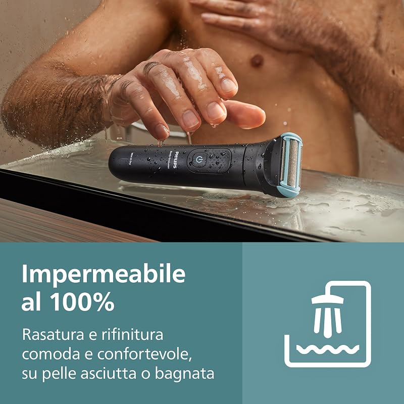 Bodygroom series 5000 - Rifinitore per uomo tripla protezione, Rifinitura e rasatura intima, Accessorio per la schiena pieghevole, Impermeabile 100%, 100 minuti di autonomia, Modello BG5480/15