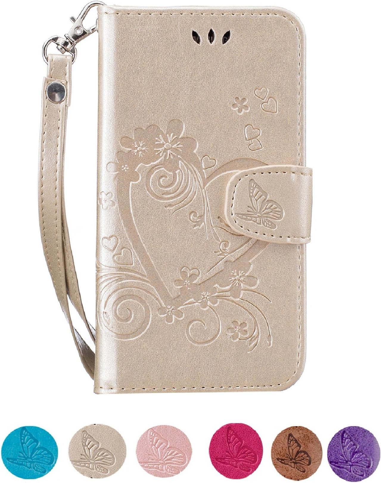 CXTcase Samsung Galaxy S5 Case, Samsung S5 Neo Flip Wallet Leather Phone Case with Card Holder Magnetic Cover for Samsung Galaxy S5 / S5 Neo Butterfly Floral Pattern, Gold