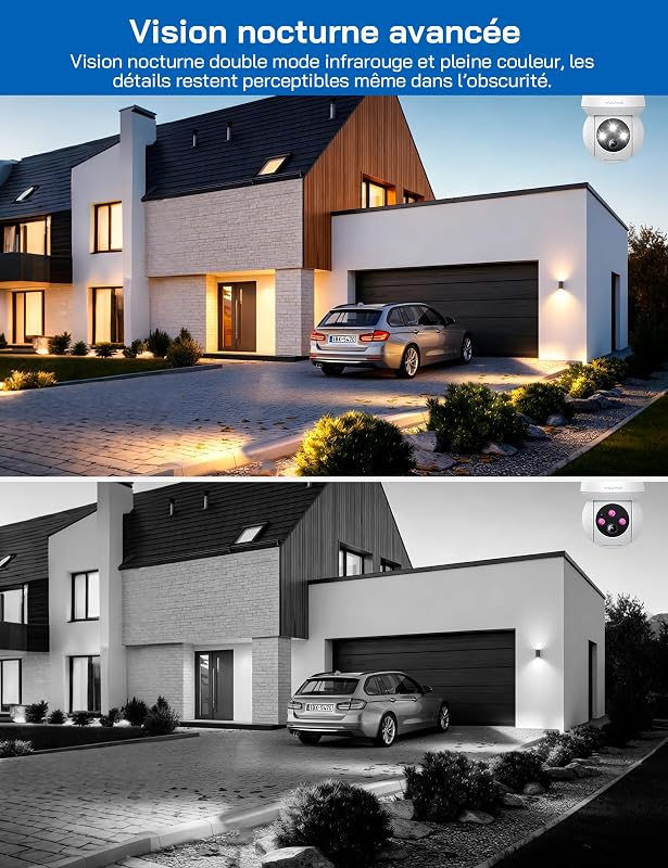 Caméra de sécurité extérieure 2K 3MP, caméra WiFi PTZ 360°, Vision Nocturne Couleur, détection AI, Alarme sonore et Lumineuse, IP65 résistant aux intempéries, Fonctionne avec Alexa et Google