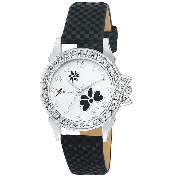 Rich Club Stone Studded Analogue White Dial Women's and Girl's Watch - LUI-BLK