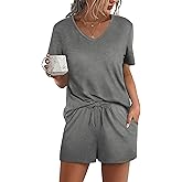 Aloodor Lounge Set for Women 2 Piece Outfits Short Sleeve V Neck Pjs Sleepwear Soft
