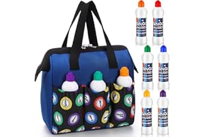 Crtiin 1 Set Bingo Dauber Bag with 6 Pcs 2.2 oz Daubers Mixed Colors Set of Dot Markers in 6 Colors Handle and Zipper Tote Bag with 6 External Pockets Suitable for Bingo Night (Blue)