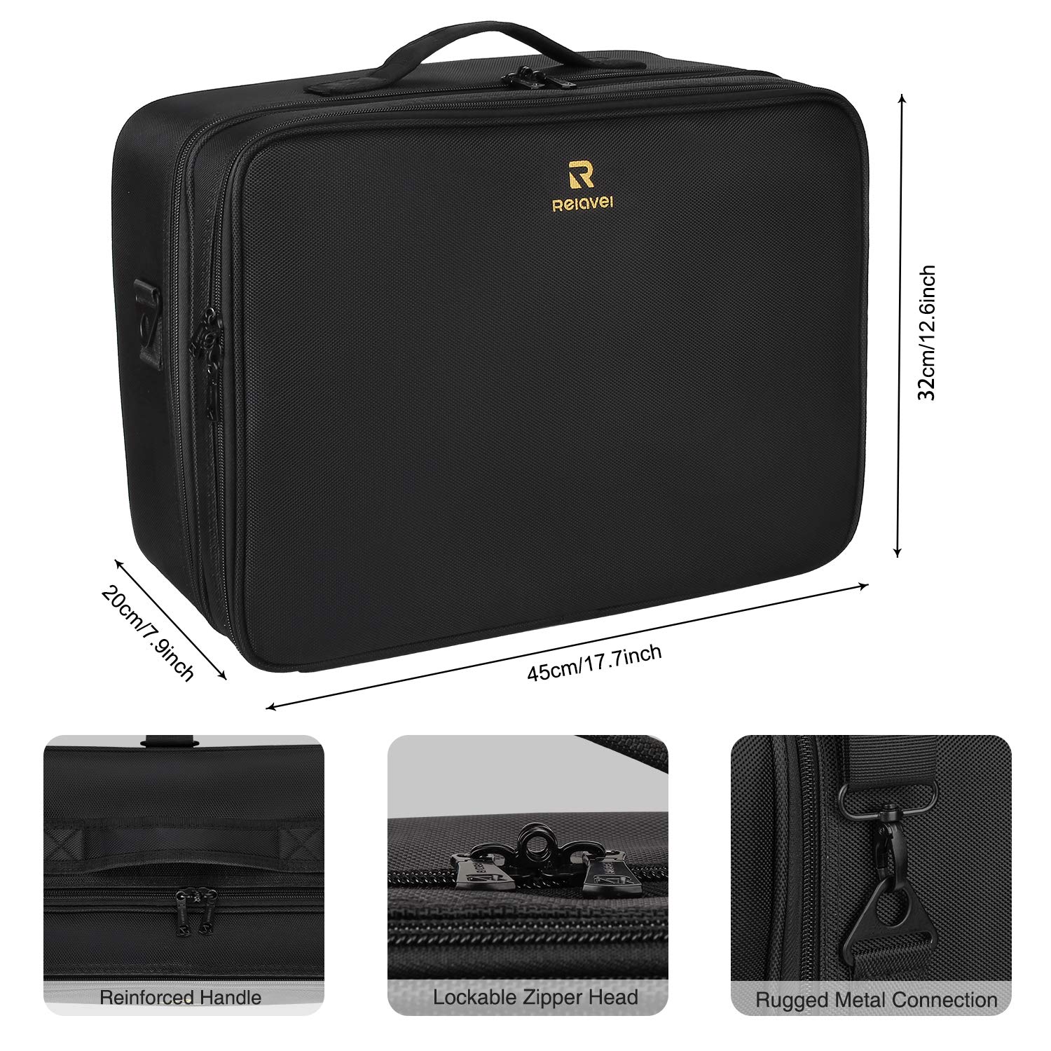 Relavel Extra Large Makeup Case Travel Makeup Train Case Professional Makeup Artist Bag Portable Nail Organizer Box Art Supply Case with Adjustable Dividers/Attach to Trolley/Shoulder Strap 17.7 Inch : Beauty