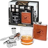 Dragon Glassware x Yellowstone Barware Gift Set of 4 - Includes a Yellowstone Shot Glass, Leather Flask, Chilling Stones & Drinking Glass