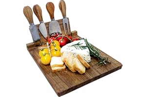 JS Gourmet Acacia Wood Charcuterie Board Set with 4 Cheese Knives and Magnetic Holder, Perfect for Cheese, Meats, Fruits and 