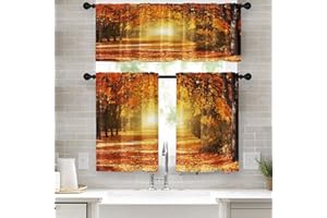 Arttown Fall Kitchen Curtains Autumn Window Curtains and Valances Set 36 Inch, Beautiful Forest Maple Leaves Short Tier Curtain for Kitchen, Orange Nature Small Kitchen Decor