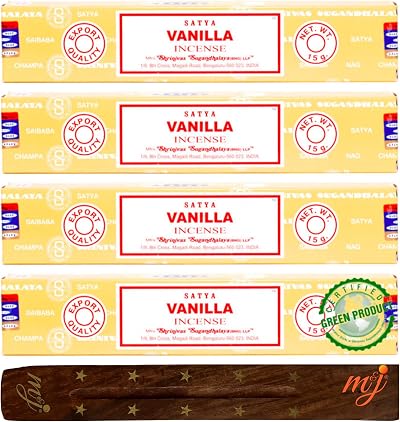 M & J Satya Nag Champa Vanilla Incense Sticks 4 Pack with Holder